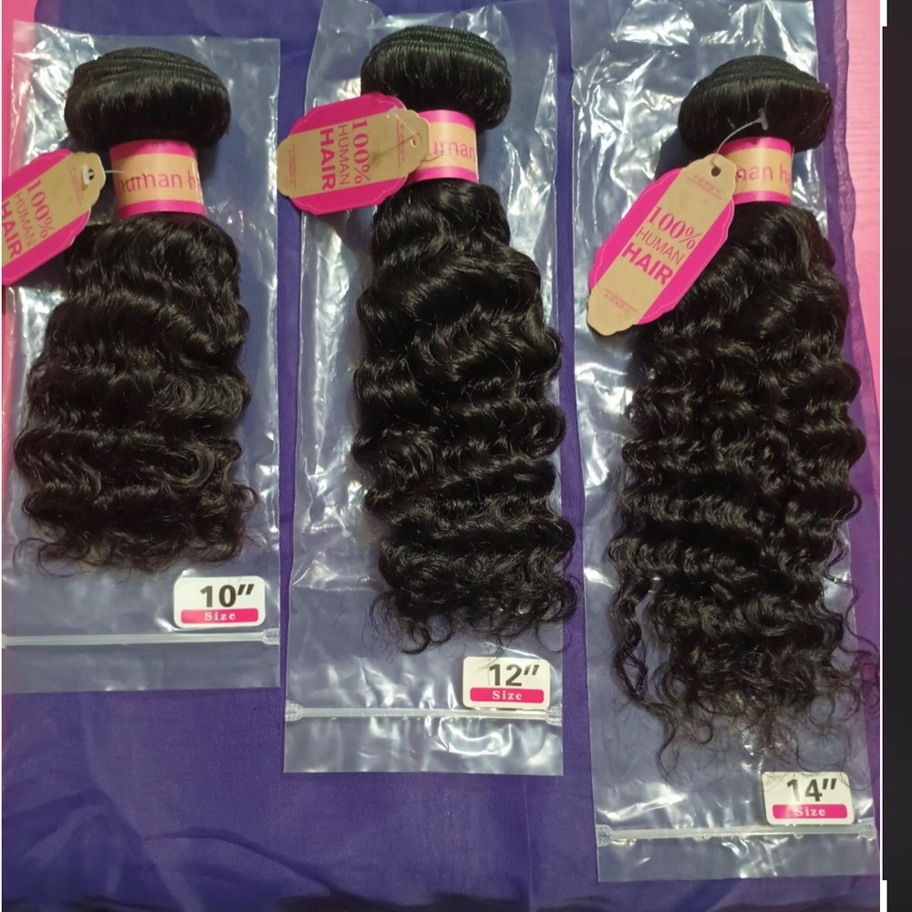 12A Natural Deep Wave Bundles 100%Human Hair Extensions - Black (10,12,14)